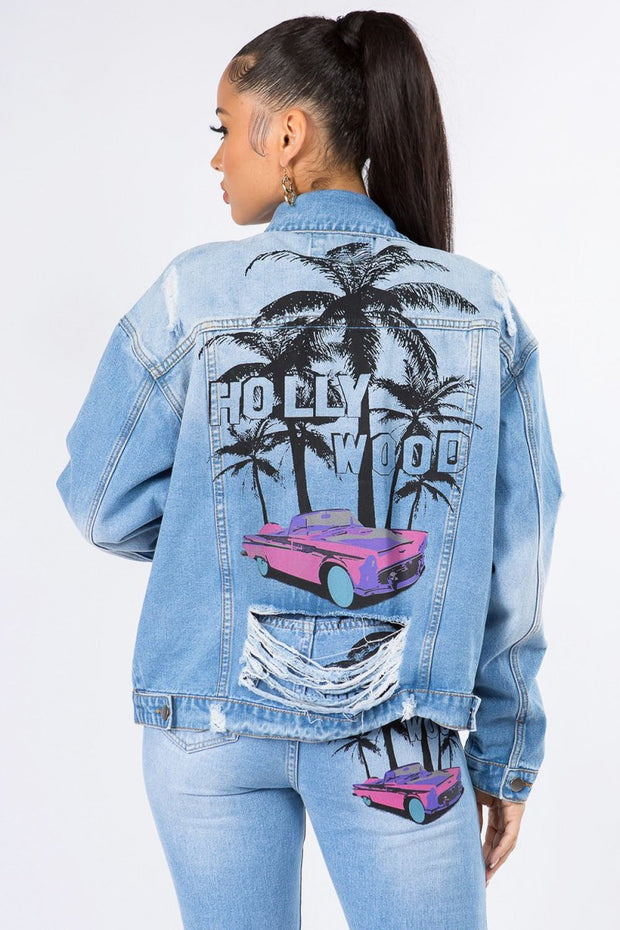 American Bazi Graphic Distressed Long Sleeve Denim Jacket - NRooted Society - Jacket