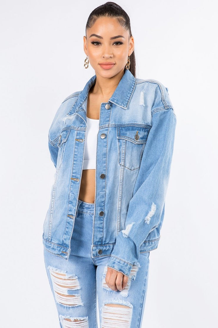 American Bazi Graphic Distressed Long Sleeve Denim Jacket - NRooted Society - Jacket