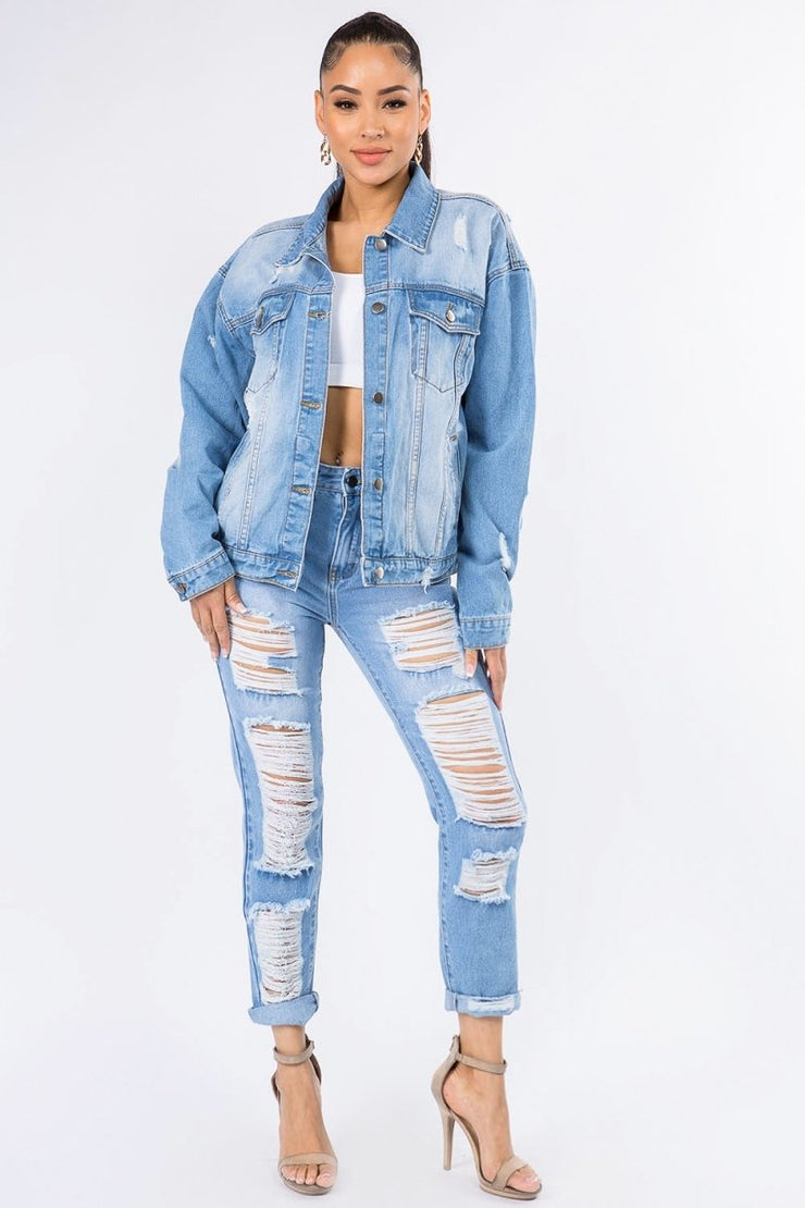 American Bazi Graphic Distressed Long Sleeve Denim Jacket - NRooted Society - Jacket