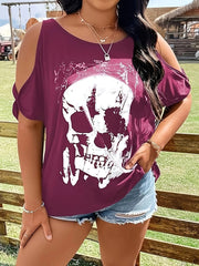 Curvy Skeleton Graphic Round Neck Cold Shoulder T-Shirt - NROOTED - 