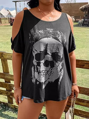 Curvy Skeleton Graphic Round Neck Cold Shoulder T-Shirt - NROOTED - 