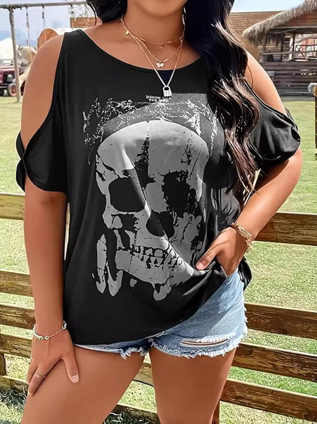 Curvy Skeleton Graphic Round Neck Cold Shoulder T-Shirt - NROOTED - 