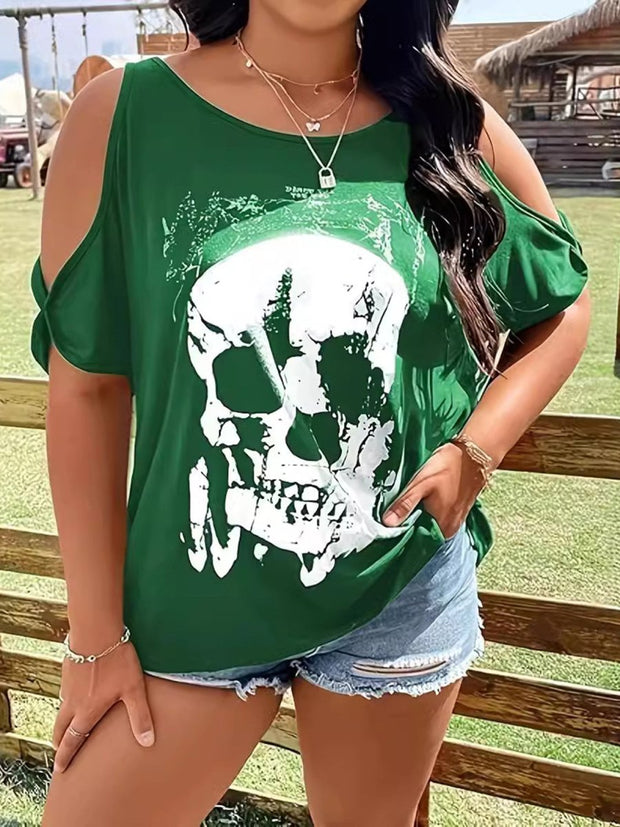 Curvy Skeleton Graphic Round Neck Cold Shoulder T-Shirt - NROOTED - 