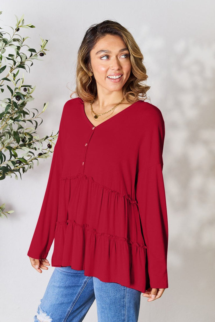 Double Take Half Button Long Sleeve Ruffle Hem Blouse - NRooted Society - 