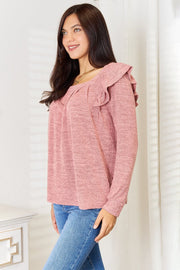 Double Take Square Neck Ruffle Shoulder Long Sleeve T-Shirt - NRooted Society - Long Sleeve Shirt