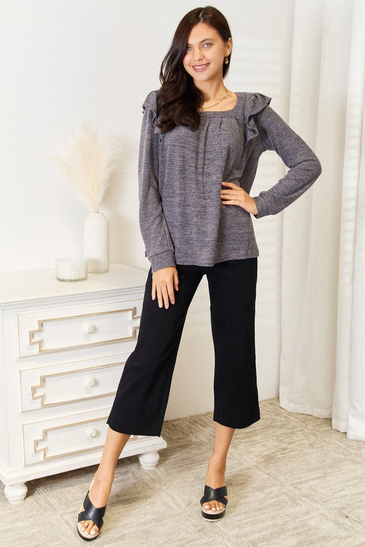 Double Take Square Neck Ruffle Shoulder Long Sleeve T-Shirt - NRooted Society - Long Sleeve Shirt