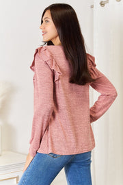 Double Take Square Neck Ruffle Shoulder Long Sleeve T-Shirt - NRooted Society - Long Sleeve Shirt