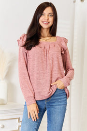 Double Take Square Neck Ruffle Shoulder Long Sleeve T-Shirt - NRooted Society - Long Sleeve Shirt