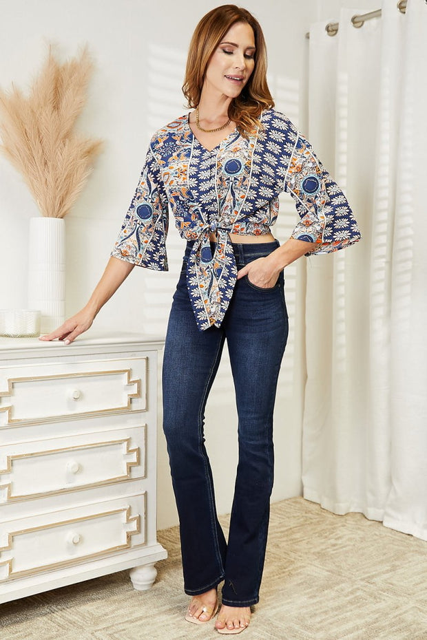 Tie Hem V - Neck Three - Quarter Sleeve Blouse - NRooted Society - Blouse