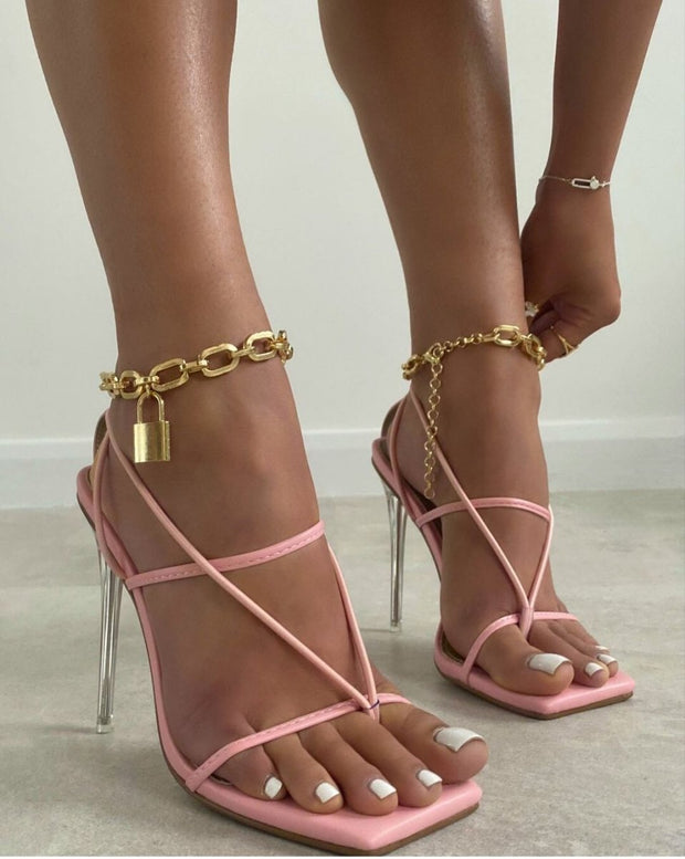 Lock Chain Sandals Square Toe 4/in Stiletto High Heel - NROOTED-High Heels