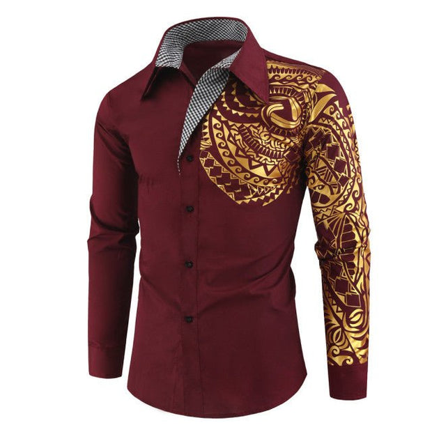 Luxury Gold Pattern Slim Fit Long Sleeve Dress Shirt - NROOTED CLOTHING-Mens clothing